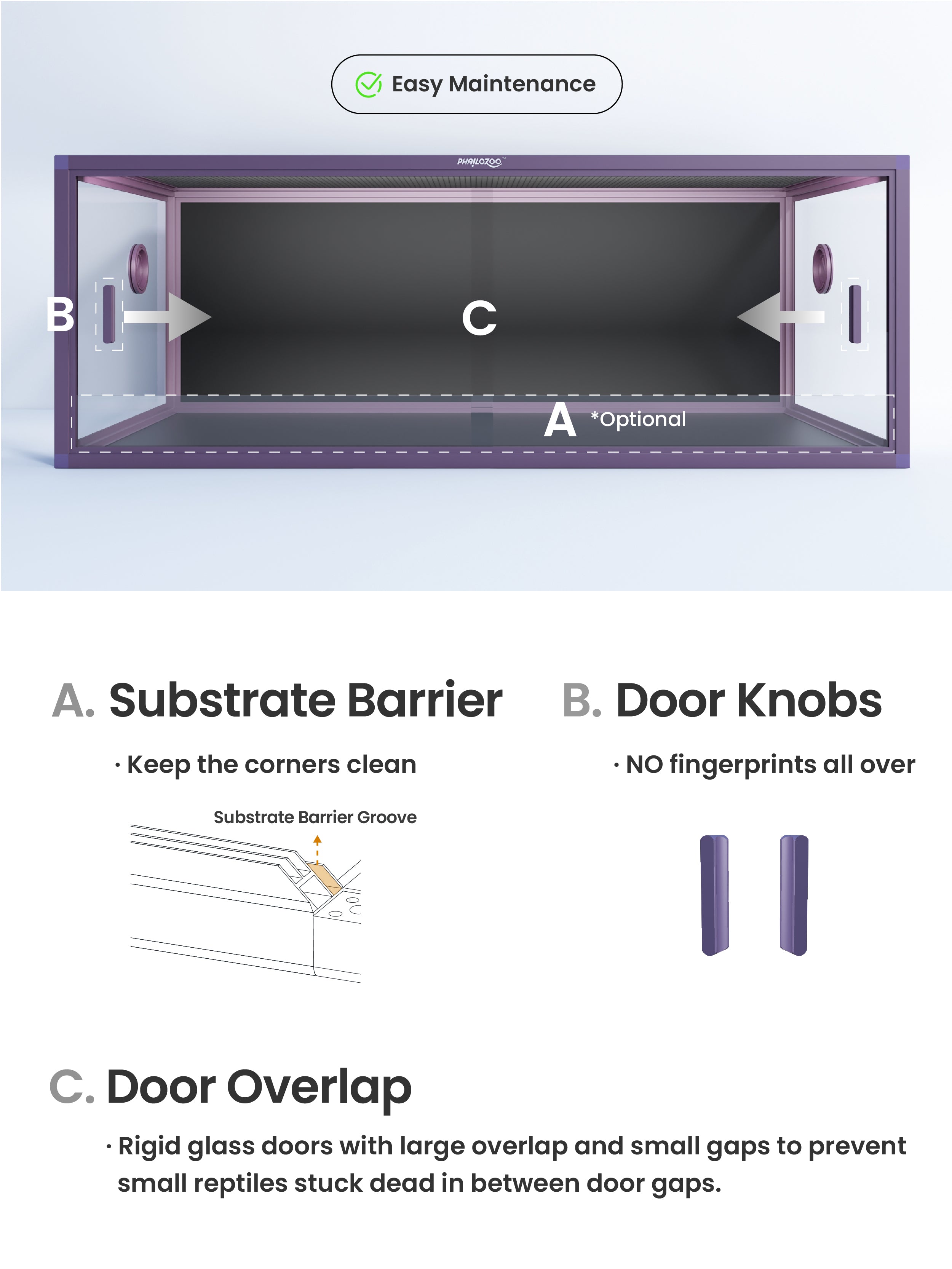 Phailozoo 85 gallon purple reptile enclosure is design for easy maintenance with substrate barrier, door knobs and small door gap