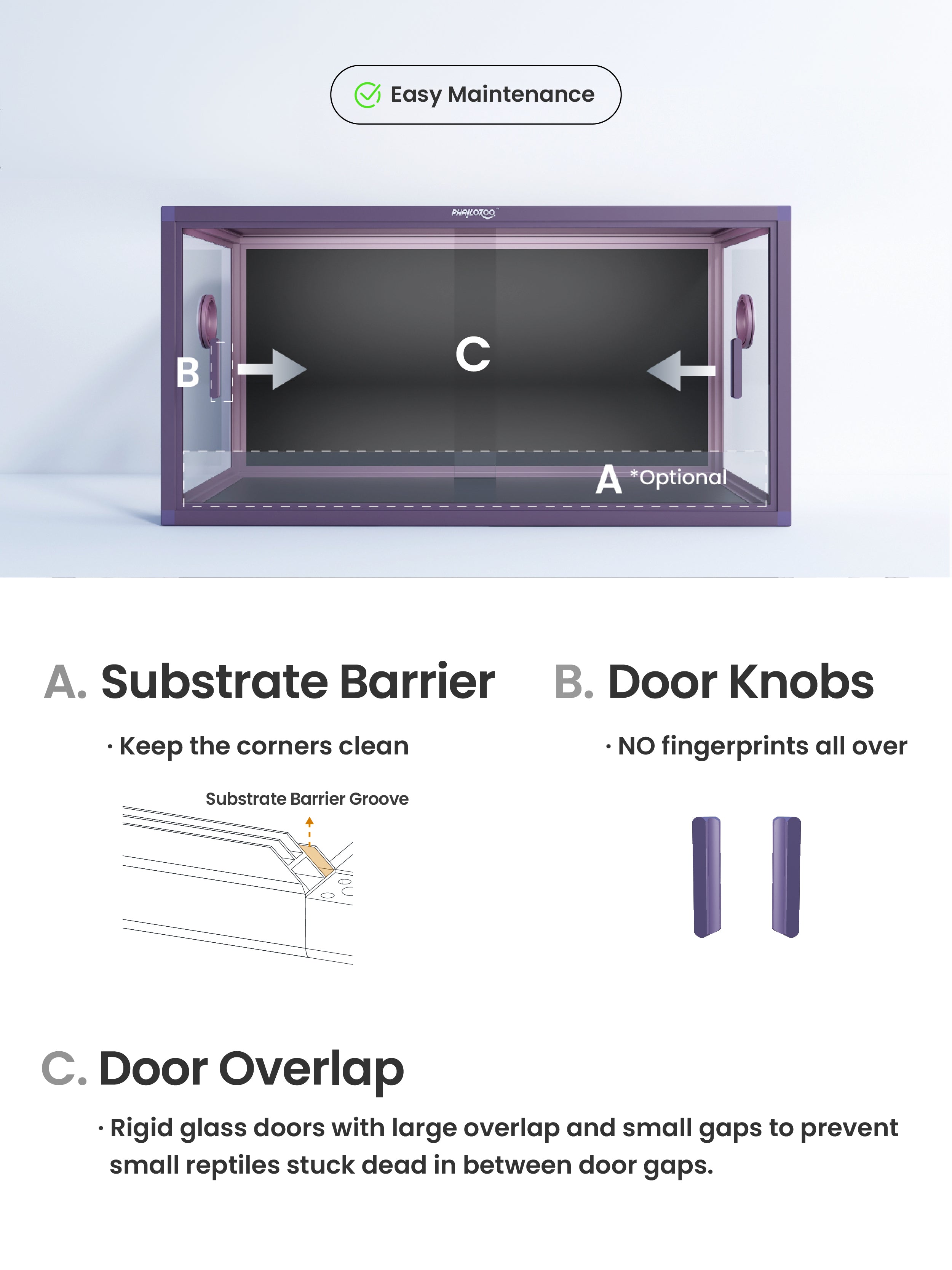 Phailozoo 50 gallon purple reptile enclosure is design for easy maintenance with substrate barrier, door knobs and small door gap