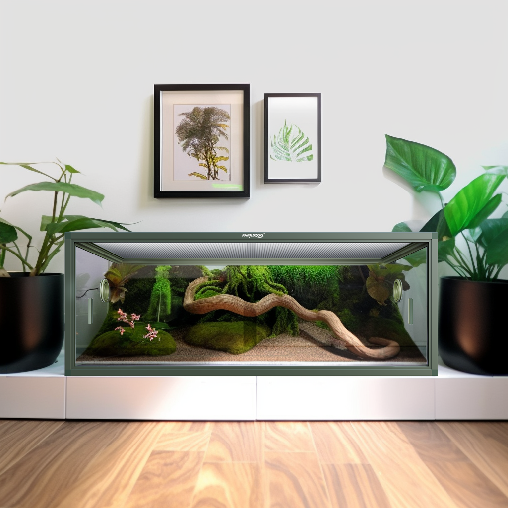 Phailozoo 85 gallon reptile enclosure in green color, sitting in a modern design home, elevate the style of a home with Phailozoo reptile tanks