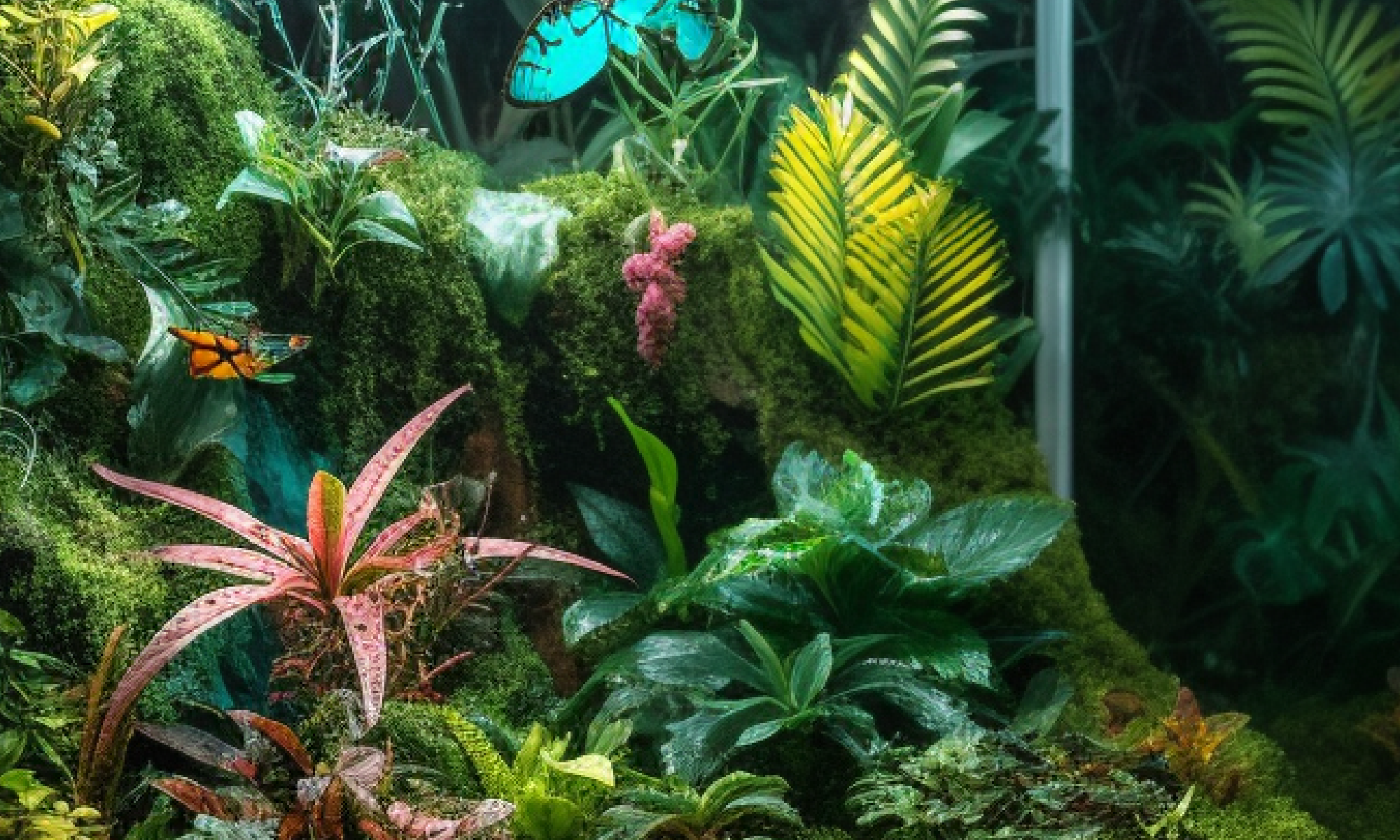 Fully bioactive terrariums with flowers, butterflies, plants in a forest and tropical setting
